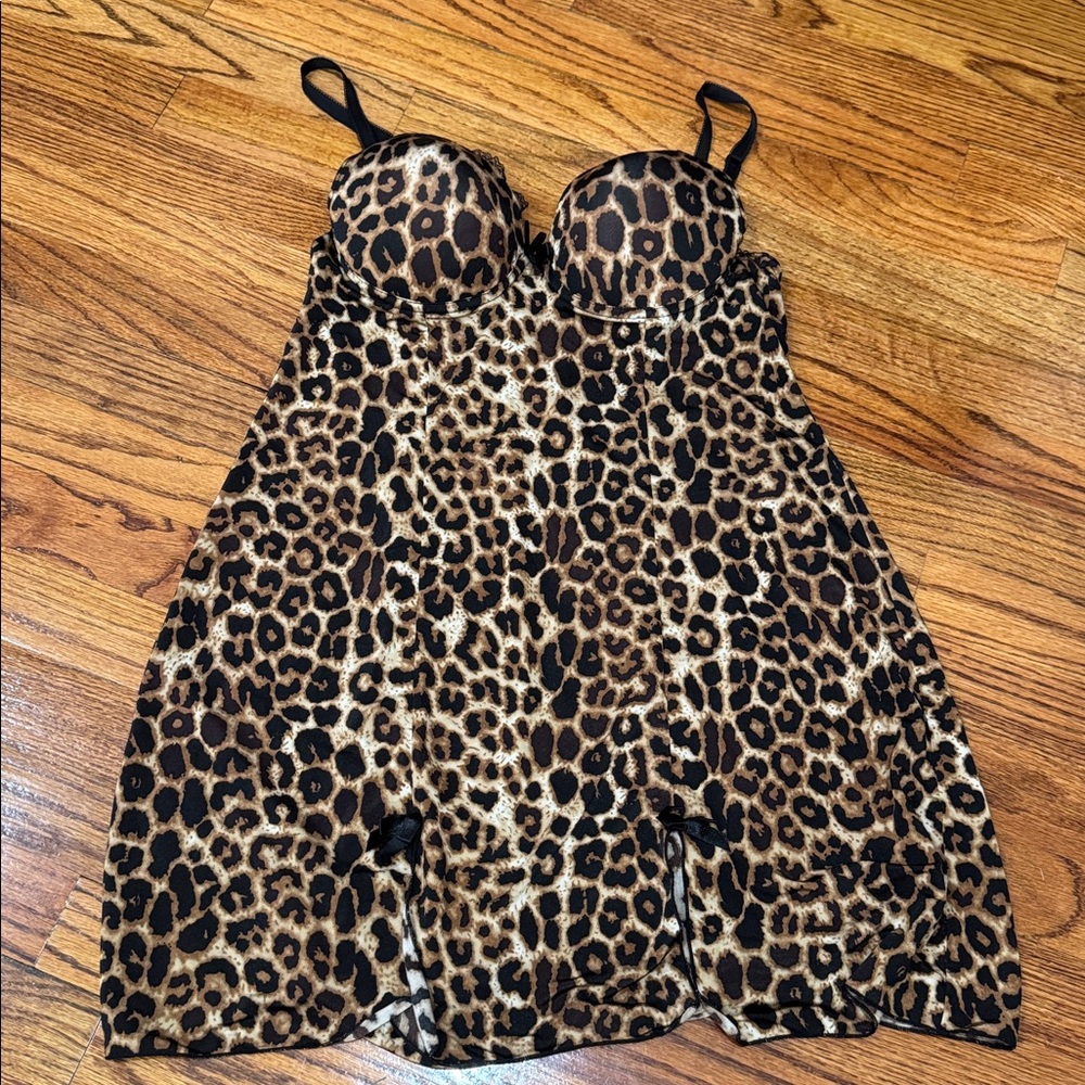 Leopard Print Sleepwear Dress with Black Straps and built in 36C padded bra